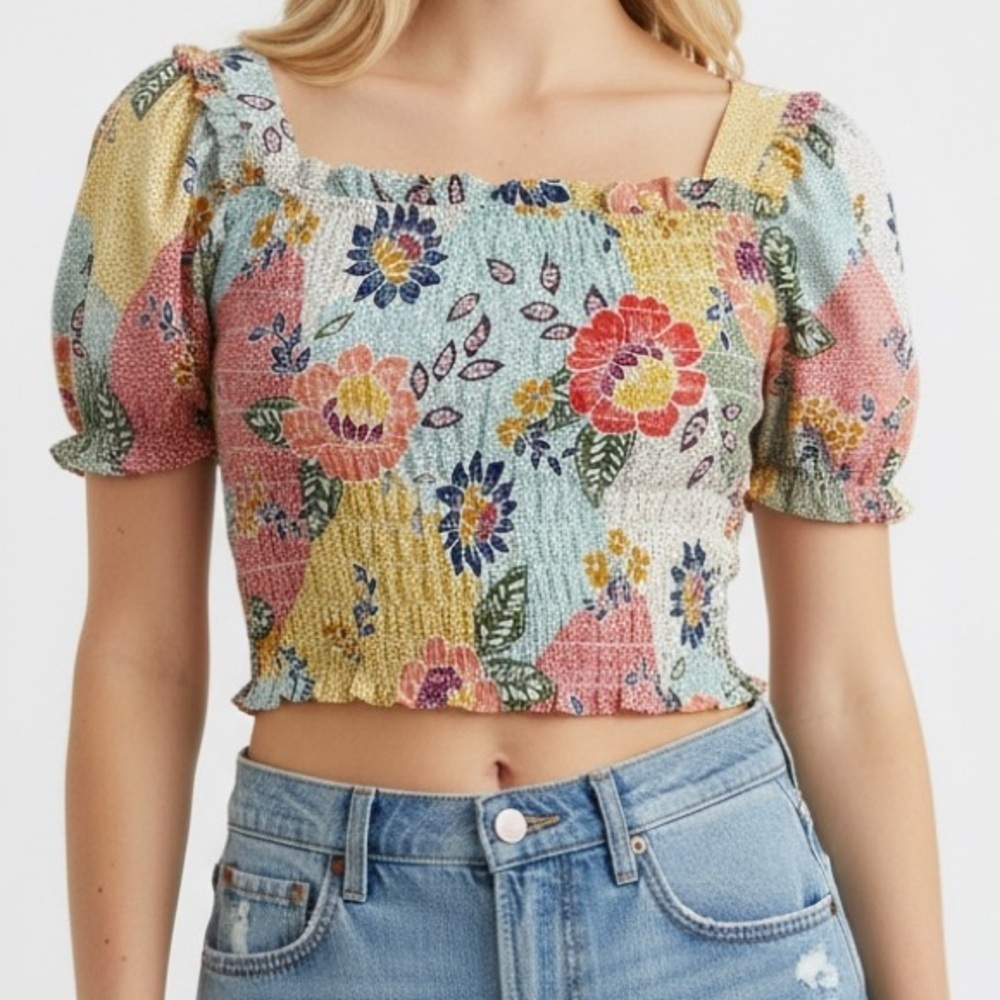 Monteau Los Angeles Multicolor Floral Patchwork  Smocked Ruffle Trim Crop Top